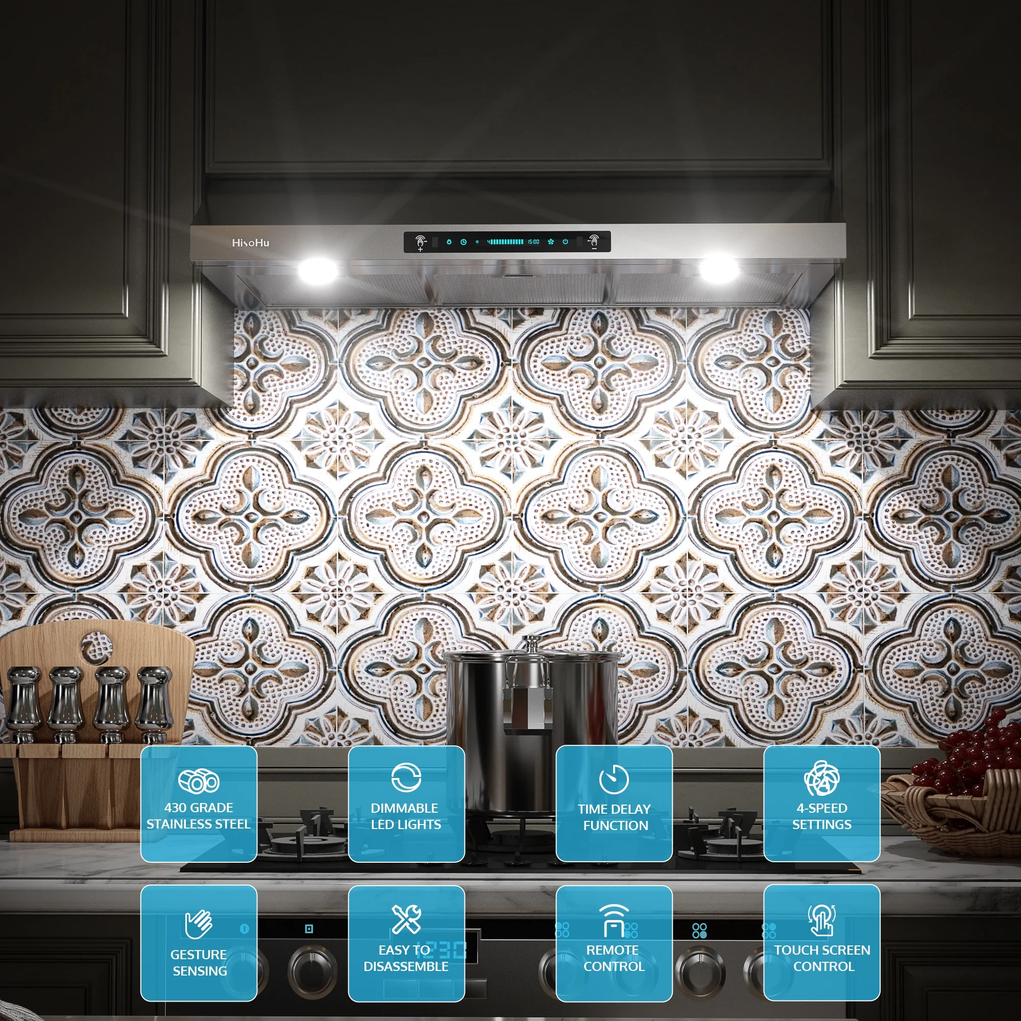 HisoHu Under Cabinet Range Hood 36 Inch with 900-CFM, 4 Speed Gesture Sensing&Touch Control Panel, Stainless Steel Kitchen Vent