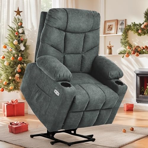 YITAHOME Power Lift Recliner Chair, Modern Fabric Recliner Chair with Massage and Heat, Spacious Seat, USB Ports, Cup Holders, Remote Control, Suitable for Living Room Dark Grey2