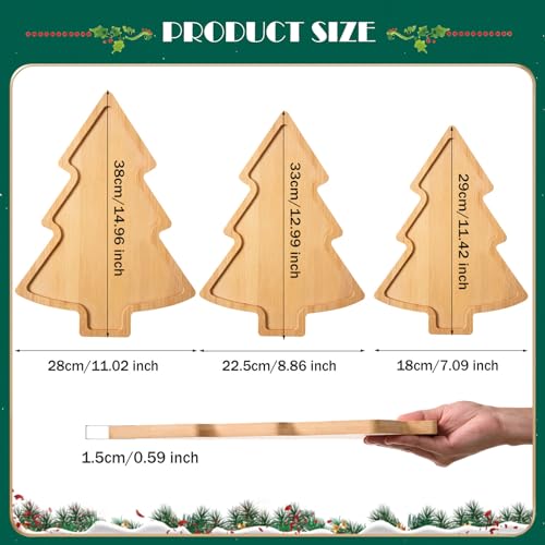 AWIZOM 3 Pcs Wooden Serving Platters Assorted Size Christmas Tree Bamboo Charcuterie Boards Wood Dish Plates for Xmas Holiday Housewarming Presents, 3 Sizes
