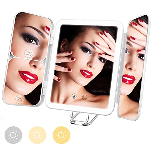 Sejoy Travel Makeup Mirror, 64 LED Lighted Vanity Mirror with 1X 3X 7X Magnification, Tri-Fold Compact Mirror with Touch Light, Rechargeable, Purple