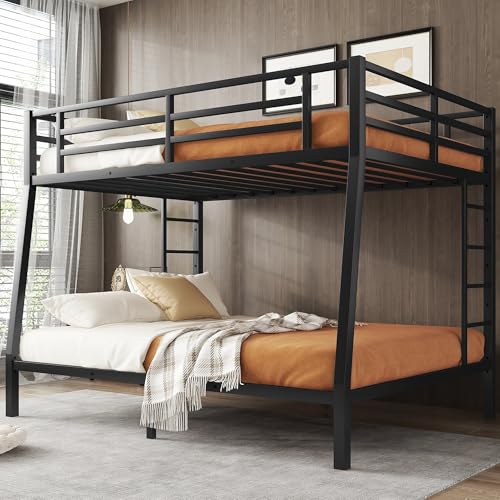 Heavy Duty Bunk Bed Frame with Ladder, Twin XL Over Twin XL Bunk Beds with Safety Guardrails, Adults Bunk Beds with Noise-Reducing Rubber Stoppers, Easy Assemble, Black