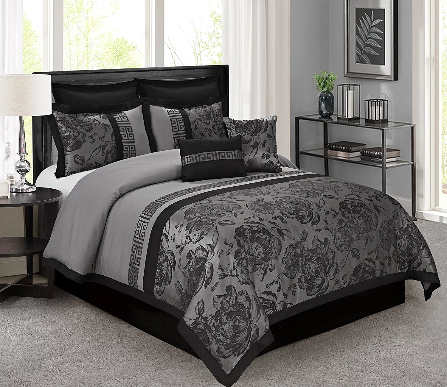 Unique Home 8 Piece Tang Clearence Jacquard Fabric Patchwork Comforter Set Queen Size (Gray)