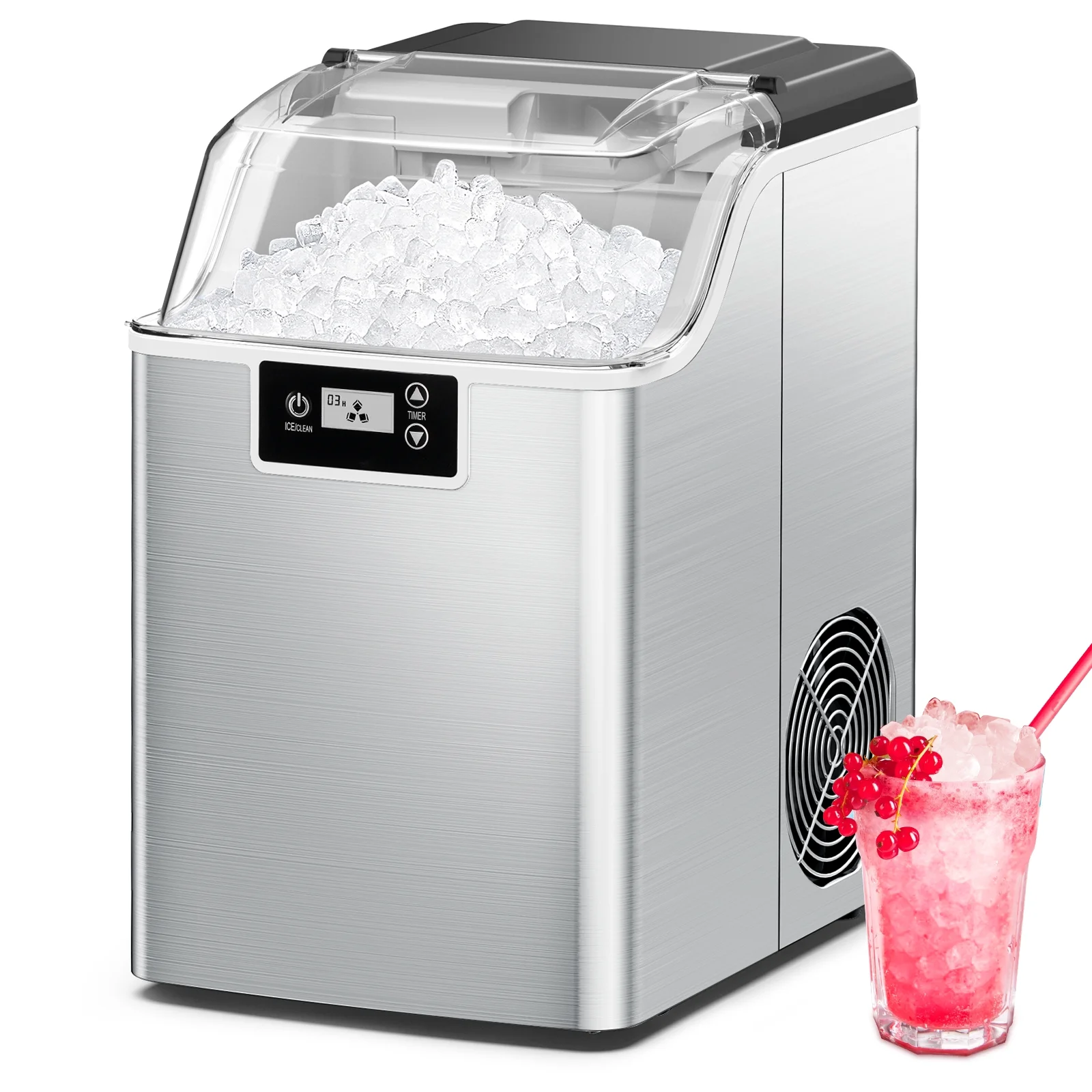 Besttey Countertop Ice Maker, Nugget Chewable Soft Ice, 44 lbs/24 H, Auto-Cleaning, Portable/Compact, w/ Basket & Scoop, Silver