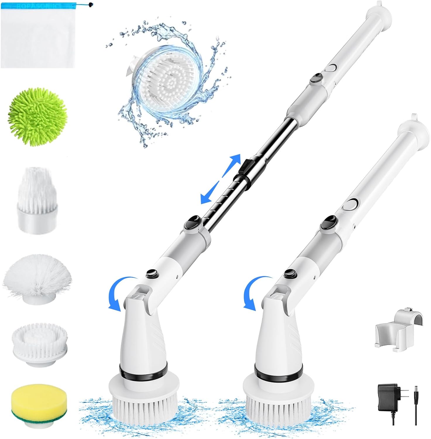 Electric Spin Scrubber, Bathroom Cordless 380RPM Motorized Cleaning Brush - Replaceable Brush Heads Adjustable Extension Handle,for Tub Shower Sink Stove Tile Grout Wall Windows (Grey)