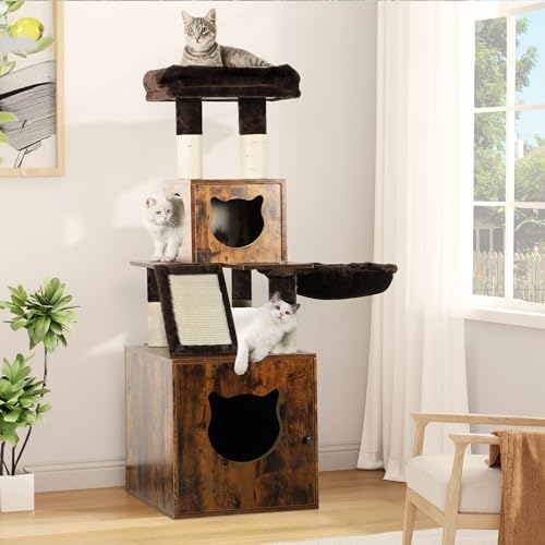 YITAHOME Cat Tree with Litter Box Enclosure, Hidden Cat Litter Box Furniture with Sisal Scratching Post, Wooden Cat House with Basket, Brown