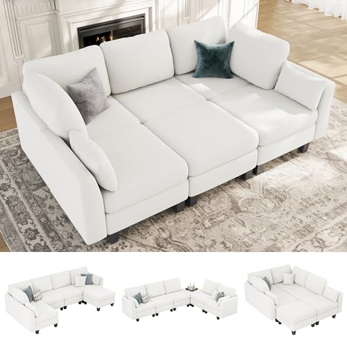 Sectional Sleeper Sofa, 6 Seaters Dark Grey Modular Sleeper Sofa Couch, Comfy Sectionals Couches Bed, Convertible Sofas with Ottomans, Modular Sectional Couches for Living Room