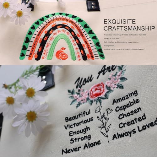 BeeGreen Mother's Day Gifts Personalized Women's Large White and Black Canvas Tote Bag, Embroidered Initials, Leather Handle, Zipper Closure