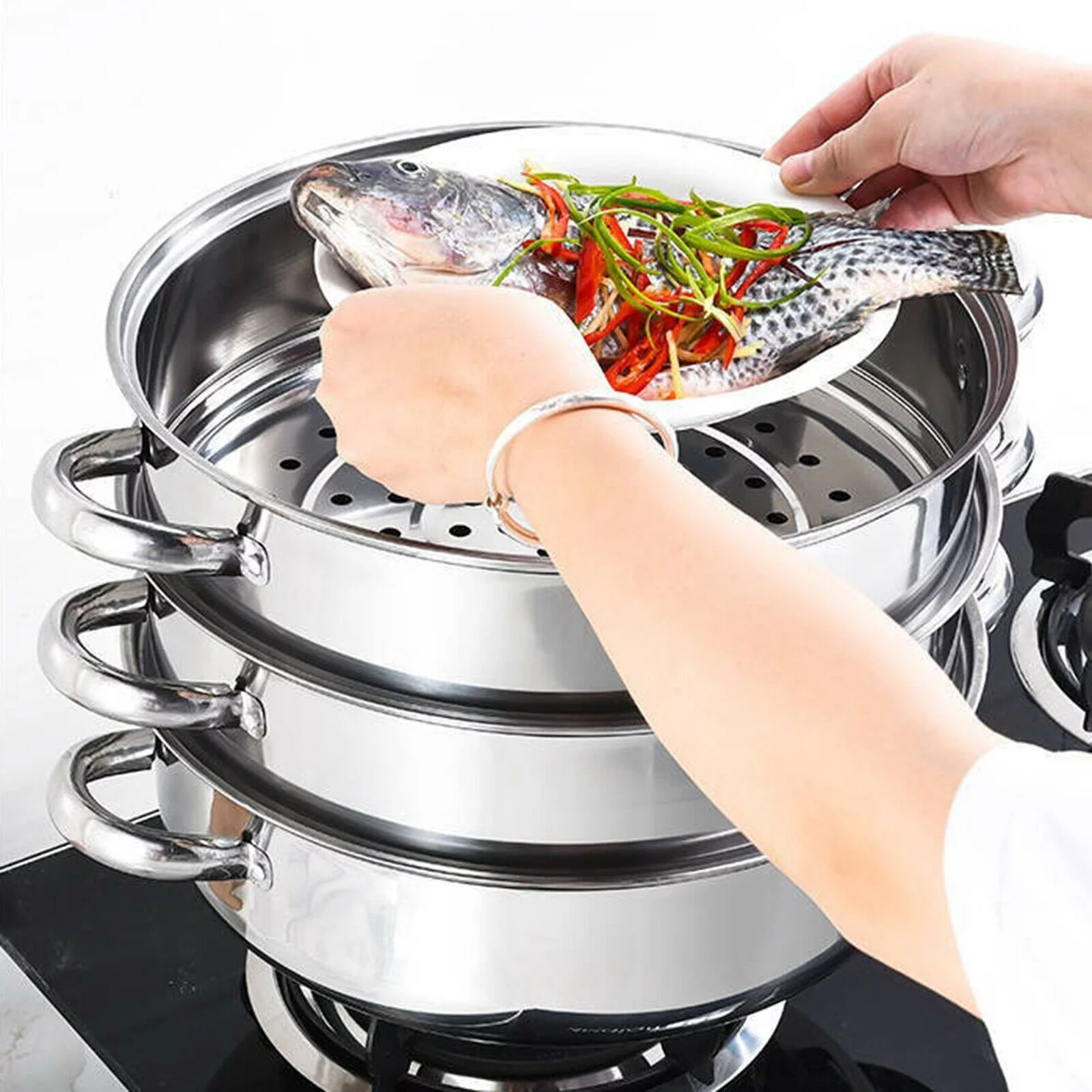 Fichiouy Chinese Steamer 3 Tier Food Steamer Vegetable Rice Meat Cooker Kitchen Cookware Hot Pot W/Lid