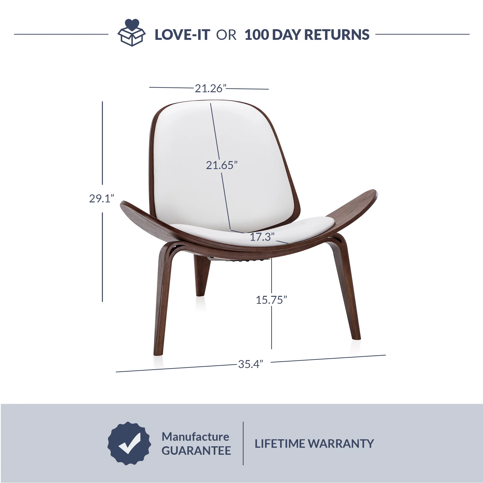 BELLEZE Shell Chair, Armless Mid Century Modern Accent Chair Faux Leather Shell Lounge Chair for Living Room Bedroom Office, Tripod Side Chair with Padded Seat, Solid Wood - Avalon (White)