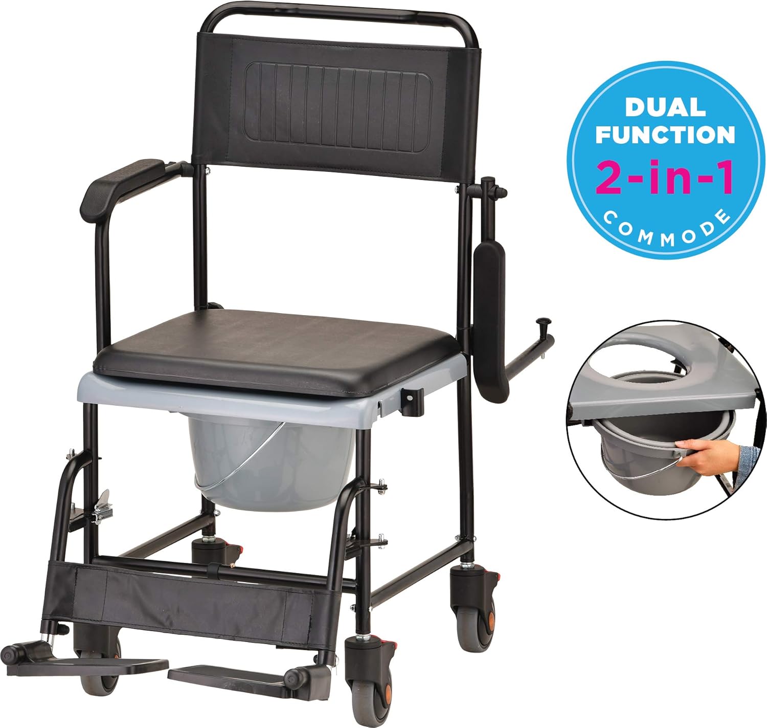 NOVA Medical Products Drop Arm (for Easy User Transfer) Transport Chair Commode, Rolling with Locking Wheels & Removable Padded Seat, Hammertone 1 Count