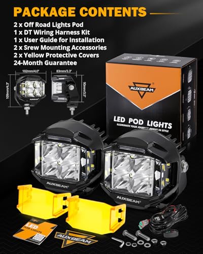 Auxbeam V-MAX Series 72W LED Pod Driving Lights, 4x2.5 Inch Rectangle Side Shooter Offroad Cube Spotlights with Amber DRL, 270° Combo Beam 6 Modes White/Amber/Yellow Auxiliary Lights with Covers
