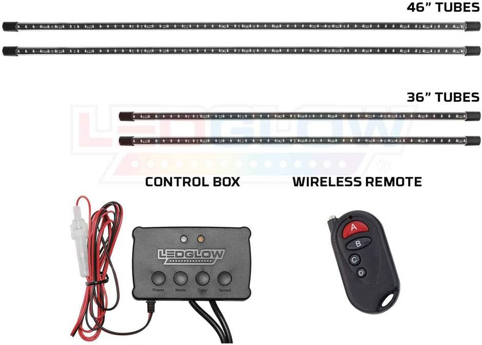 LEDGlow 4pc Multi-Color Slimline LED Underbody Underglow Accent Neon Lighting Kit for Cars - 10 Solid Colors - 13 Unique Patterns - Music Mode - Water Resistant Tubes - Includes Control Box & Remote