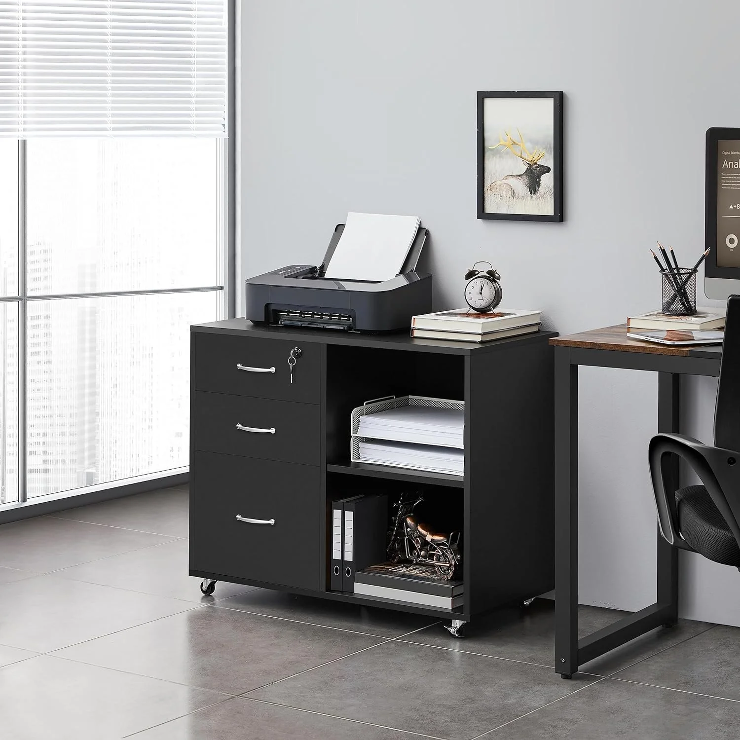 Black File Cabinet with Lock for Letter, A4 Size,3 Drawer Lateral Filing Cabinet Printer Stand with Open Storage Compartments,Mobile Filing Cabinet for Home Office, Black