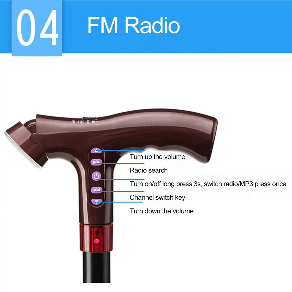 Eccomum Elderly Adjustable L-ED Walking Cane MP3 Smart Safety Fall Alarm Walking Stick