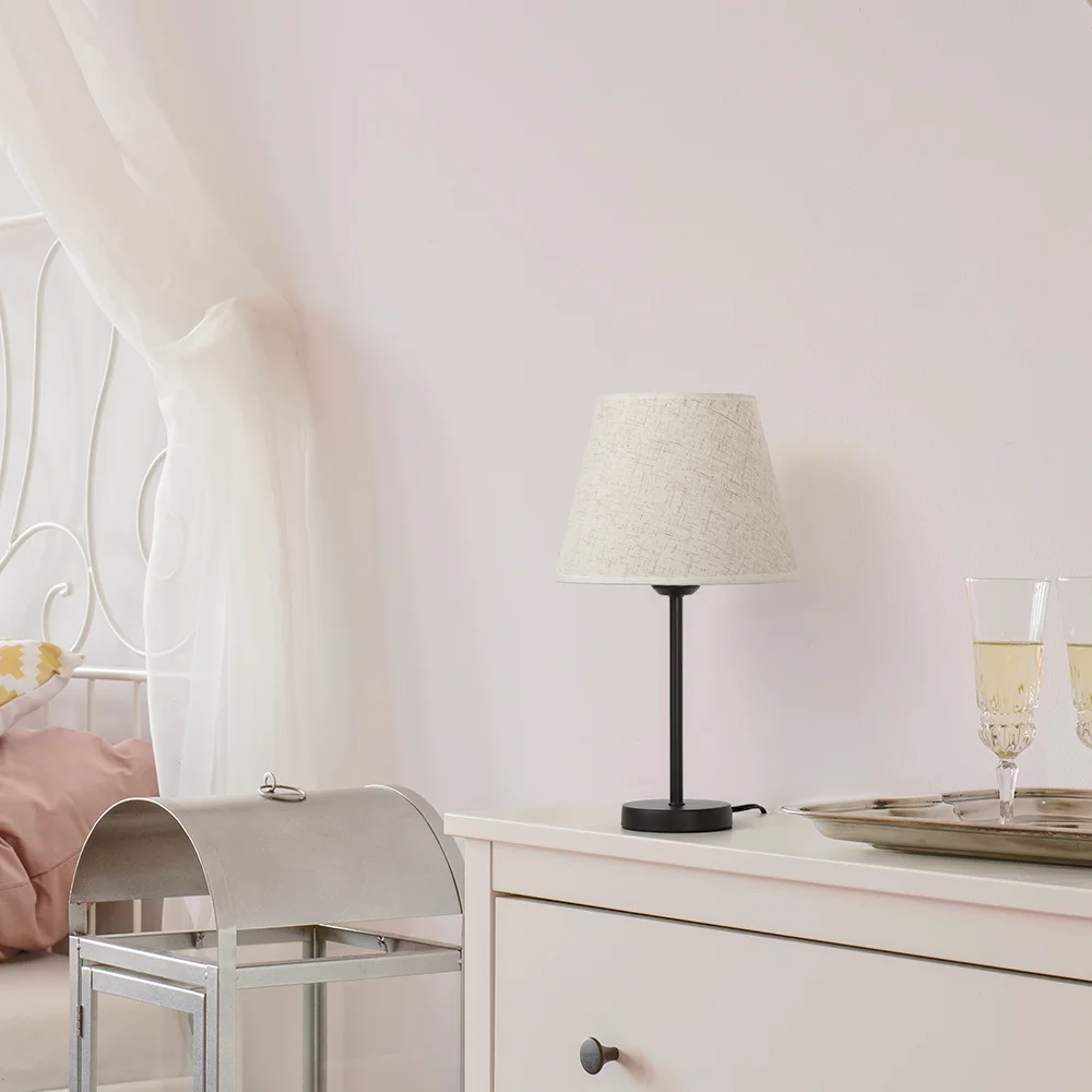 Set of 2 Haitral Modern Black Metal Bedside Lamp with White Linen Shade