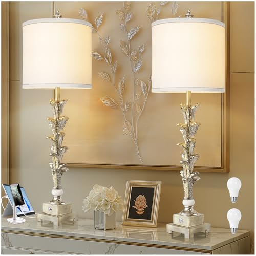 33'' Touch Control Table Lamp Set of 2, 3-Way Dimmable Buffet Lamps with USB A+C Ports and White Shade, Silver Leaf Finish Nightstand Lamps for Living Room Bedroom Office Study Dinning (Bulb Included)