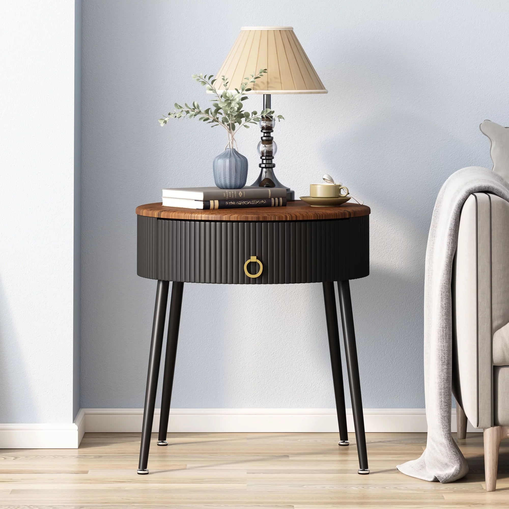 ASYA Black Metal End Table Set of 2, Wood Nightstand Side Table with Drawer, Round Accent Table for Home Living Room Bedroom, 20.63''H