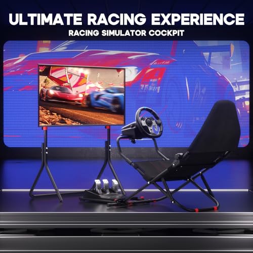 DIWANGUS Racing Simulator Cockpit with TV Stand, Foldable Racing Wheel Stand with TV Mount and Seat, Sim Racing Stand Compatible with Logitech G29/920/923/27/25, Thrustmaster T248/X/T300RS/T150/458/TX for Xbox PS4 PS5, 24-49