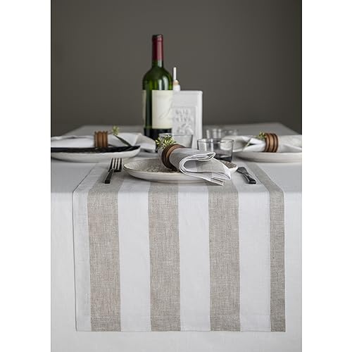 Solino Home Linen Table Runner 48 Inches - Cabana Stripe 100% Pure Linen Black and Natural Table Runner 14 x 48 Inch Ideal for Dresser and Coffee Tables - Thanksgiving, Holiday