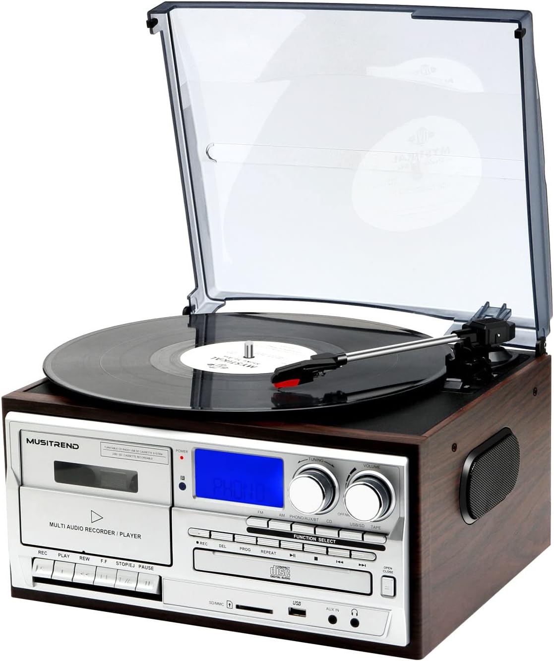 MUSITREND Record Player 9 in 1 3 Speed Bluetooth Vintage Turntable CD Cassette Vinyl Player AM/FM Radio USB/SD Encoding Aux-in RCA Line-Out