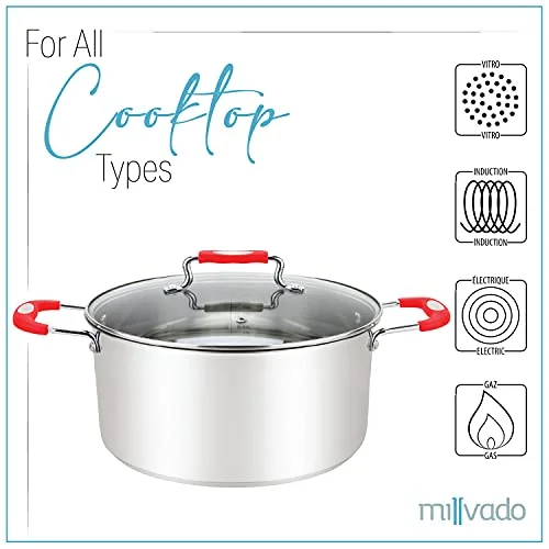 Millvado Stainless Steel Casserole Pot: Metal Steel Dutch Oven – Medium Boiling Pot for Soup, Spaghetti, Braising – 5 Quart Induction Cooking Pot Urban Collection Low Round Mirrored Stainless Pots