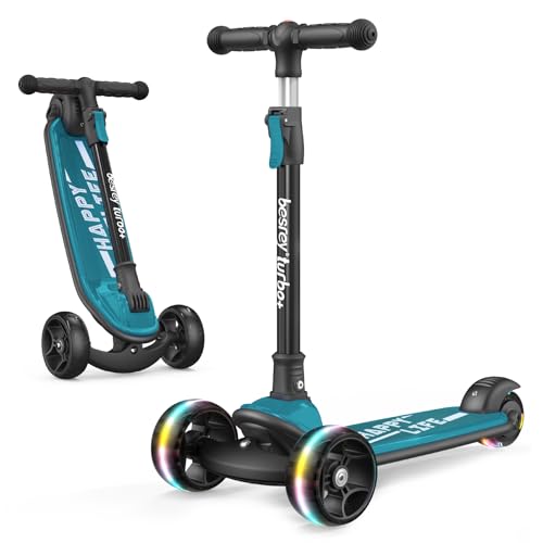 Besrey Kick Scooter for Kids Ages 3-10, 3-Wheel Folding Scooter with Adjustable Height, LED Light Wheels, Extra Wide Deck for Outdoor Activities