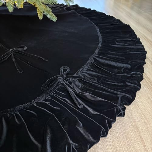 60-Inch Ruffled Velvet Christmas Tree Skirt with Foam Padding, Nylon Backing and Lace-Up Tie Closure, Burgundy