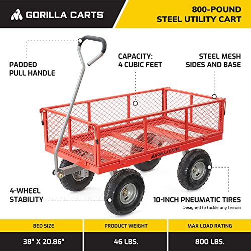 Gorilla Carts Steel Utility Wagon w/ Removable Side Panels, 1000 lb Capacity, Gray - Outdoor Flatbed Cart with 49