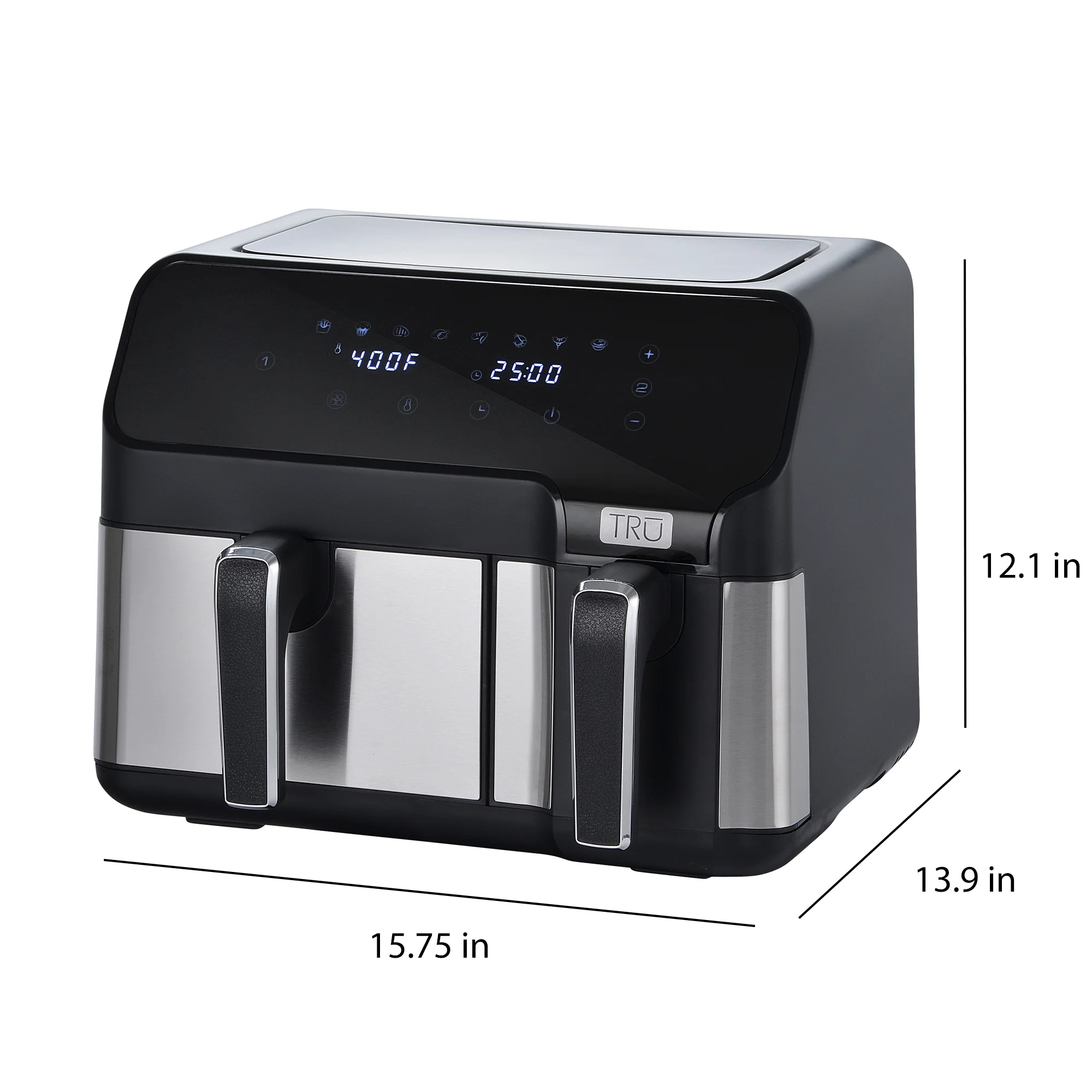 TRU 9 Quart Dual Basket Digital Air Fryer Black and Stainless