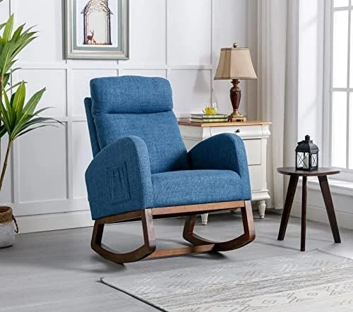 Modern Accent Rocking Chair  Upholstered Nursery Glider Rocker for Baby and   Comfy Armchair with Pocket  Living Room Lounge Arm Chair  High Backrest with Decorative Buttons  Off White