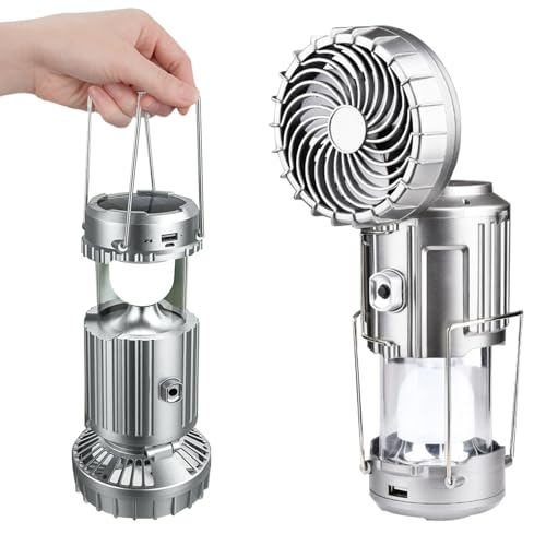 Portable LED Camping Lantern with Fan, New Upgraded Multifunctional Solar Camping Lantern Rechargeable Solar Fan, Tent Camping Fan Hanging with Light (StyleB-Silver)