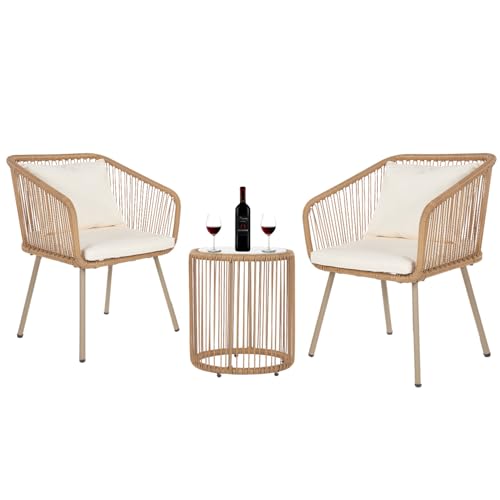 FDW 3-Piece Outdoor Furniture Modern Patio Bistro Set Rattan Conversation Set Wicker Patio Furniture Set with 2 Chairs Coffee Table Cushions Lumbar Pillows for Patio Outdoor Backyard Porch, White