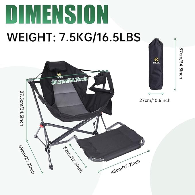 Nice C Hammock Camping Chair, Camping Chair Rocker, Swinging Chair, High Back with Stand, Cup Holder, Side Pocket, Heavy Duty (1, Black w/footrest)