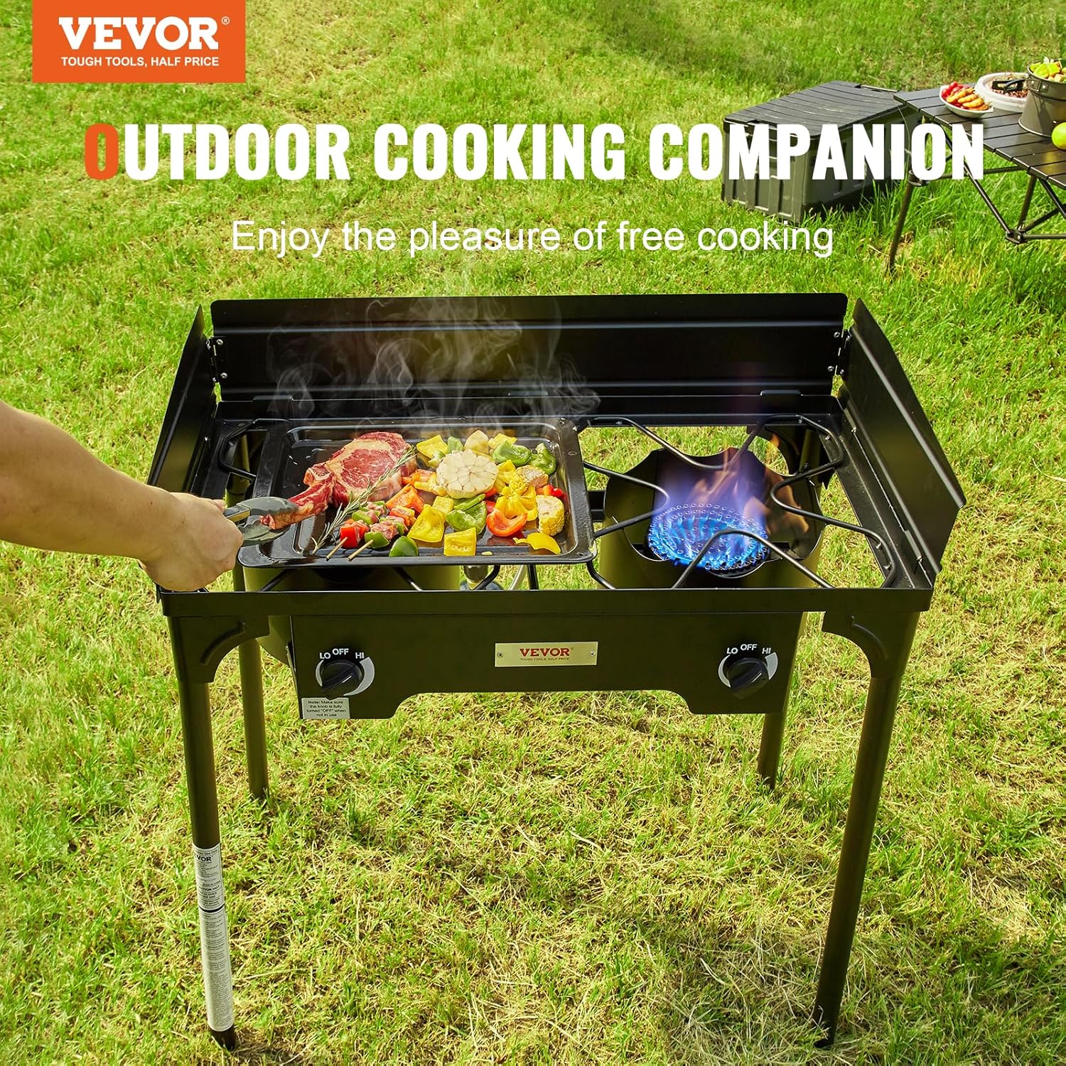 VEVOR Outdoor Propane Burner, 2 Burner Propane Stove with Windscreen, Heavy Duty Gas Cooker w/Detachable Legs Stand & Adjustable PSI Regulator, Propane Burners for Outdoor Cooking