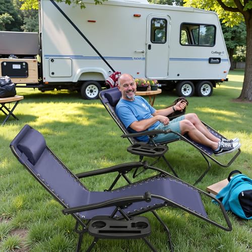 Greesum Zero Gravity Chairs Set of 2 Adjustable Steel Mesh Recliners Beach Deck Lawn Camping Patio Foldable Lounge Chair with Cup Holder Trays and Pillows,Brown