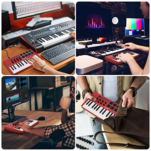 M-WAVE 25 Key USB MIDI Keyboard Controller With 8 Backlit Drum Pads, Bluetooth Semi Weighted Professional dynamic keybed 8 Knobs and Music Production,Software Included (White)