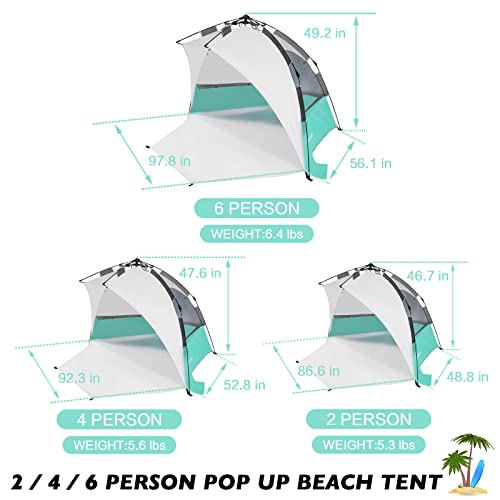 Beach Tent Pop Up Shade, Instant Beach Tents Sun Shelter with UPF 50+ UV Protection, Lightweight & Easy Setup Beach Tent 2-6 Person