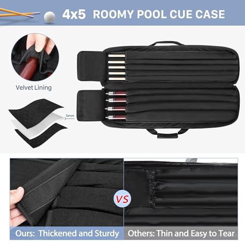 4x5 Pool Cue Case, Billiard Stick Carrying Case Holds 4 Butts and 5 Shafts, Soft Pool Stick Bag with Large Front Accessories Pockets and Shoulder Strap for Easy Carry
