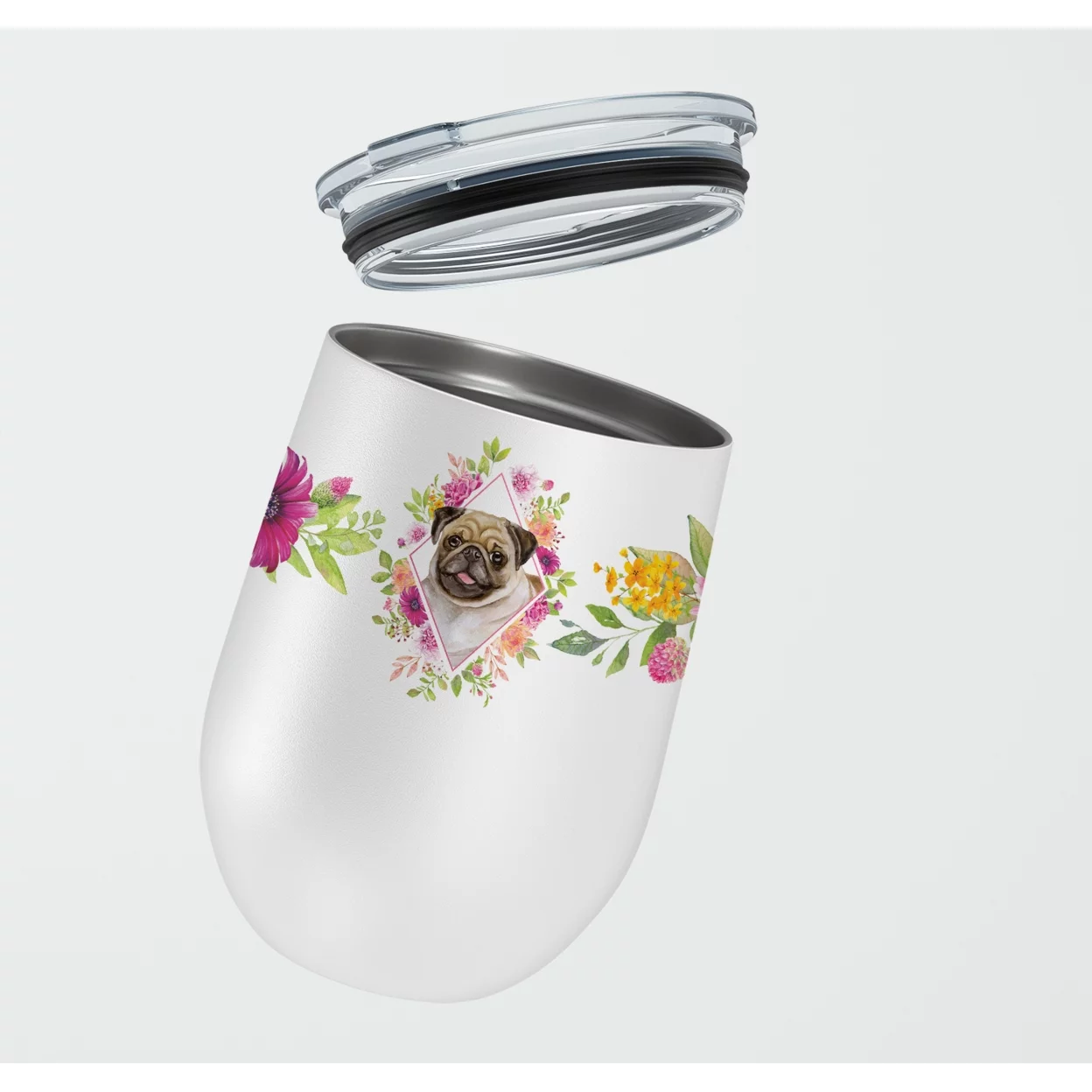 Carolines Treasures CK4174TBL12 Fawn Pug Pink Flowers Stainless Steel 12 oz Stemless Wine Glass, 12 oz, multicolor