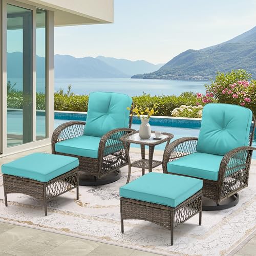 EROMMY 3 Pieces Patio Furniture Set, Outdoor Swivel Rocker Patio Chairs, Wicker Patio Bistro Set with Rocking Chair, Thickened Cushions and Glass Coffee Table for Backyard, Garden, Beige