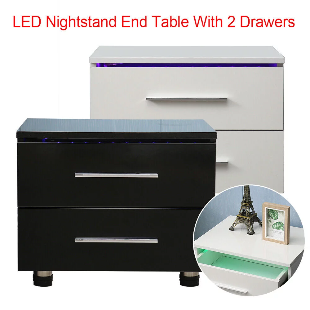 Modern High Gloss Nightstand 2 Drawers Bedside End Table Bedroom w/RGB LED Light