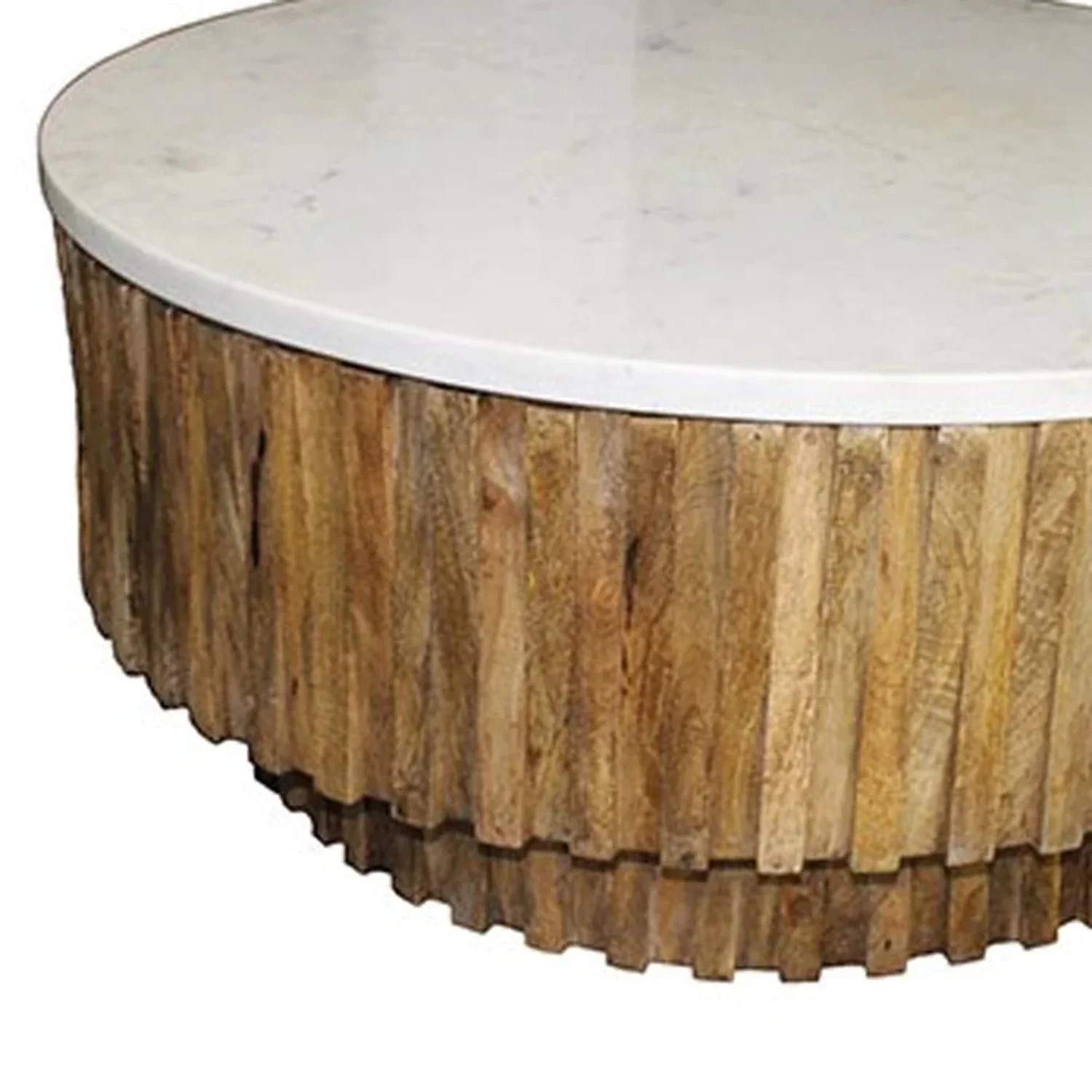 HomeRoots 400888 19 x 42 x 42 in. Round Marble Top & Wooden Strips Coffee Table, White & Brown