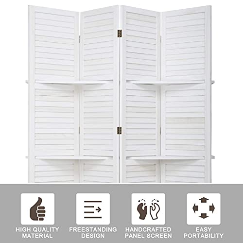 FDW 4 Panel Room Divider Folding Privacy Wooden Screen with Three Clever Shelf Portable Partition Wood Divider for Home Office, White