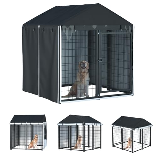 Outdoor Dog Kennel Cover - Full Coverage for 8'Dx4'Wx6'H Dog Cages, 600D Heavy Duty Waterproof Kennel Cover, Black