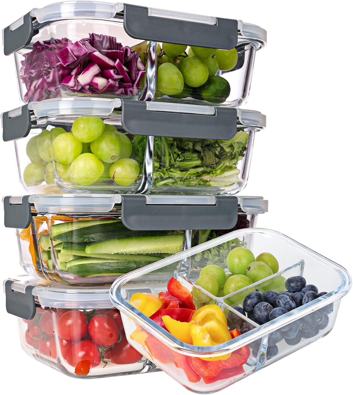 Moretoes Glass Meal Prep Containers, 5-Pack 3 Compartments Meal Prep Containers Glass with Lids, 35oz Meal Prep Containers Reusable, Bento Box Adult Lunch Box for Freezer & Ovens, Grey