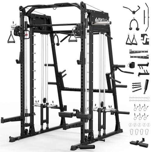Mikolo Smith Machine, 2200lbs Squat Rack with LAT-Pull Down System & Cable Crossover Machine, Training Equipment with Leg Hold-Down Attachment