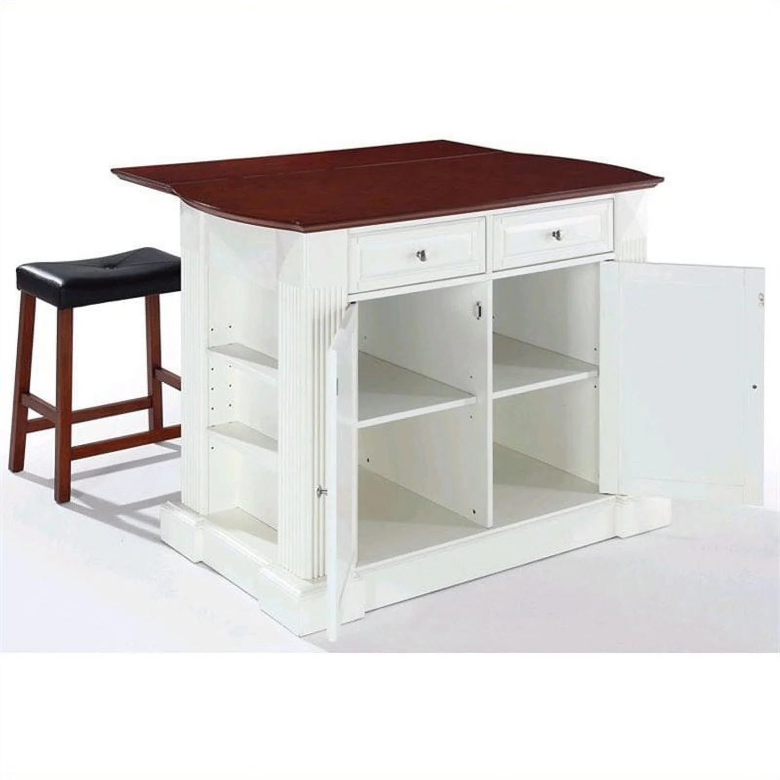 Pemberly Row Wood Drop Leaf Breakfast Bar Kitchen Island with Stools in White