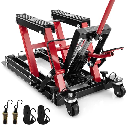 Hydraulic Motorcycle Lift Jack, 1500 LBS Motorcycle Scissor Jack with 4 Wheels & Handle, Foot-Operated Scissor Lift Jack Stand for ATV & Dirt Bikes (Red)