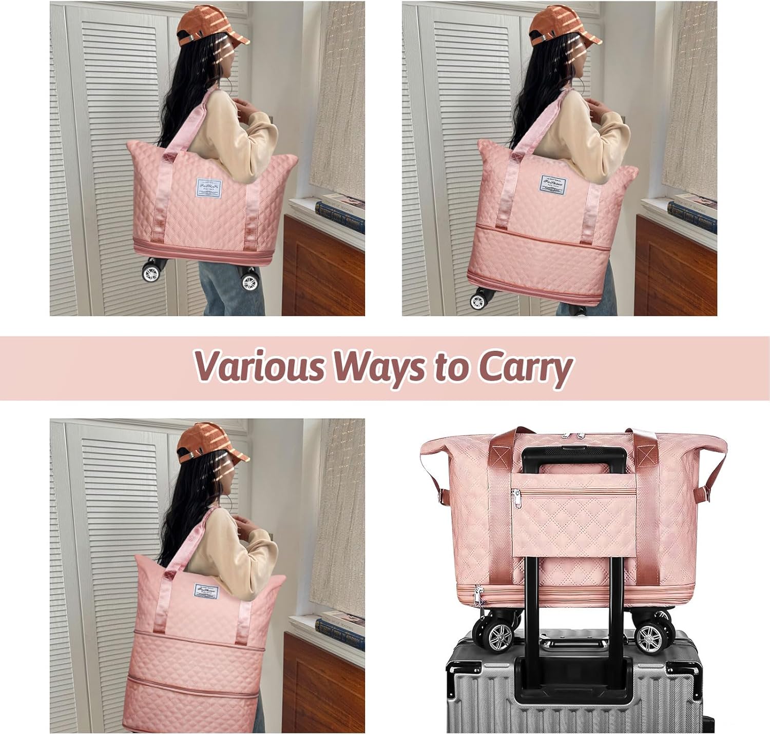 Rolling Duffle Bag with Wheels and Handle, Expandable Travel Duffel Bag Luggage Bag, Foldable Travel Bag with Wheels Rolling Carry on Duffle Bag, Large Wheeled Duffle Bag Luggage, Pink