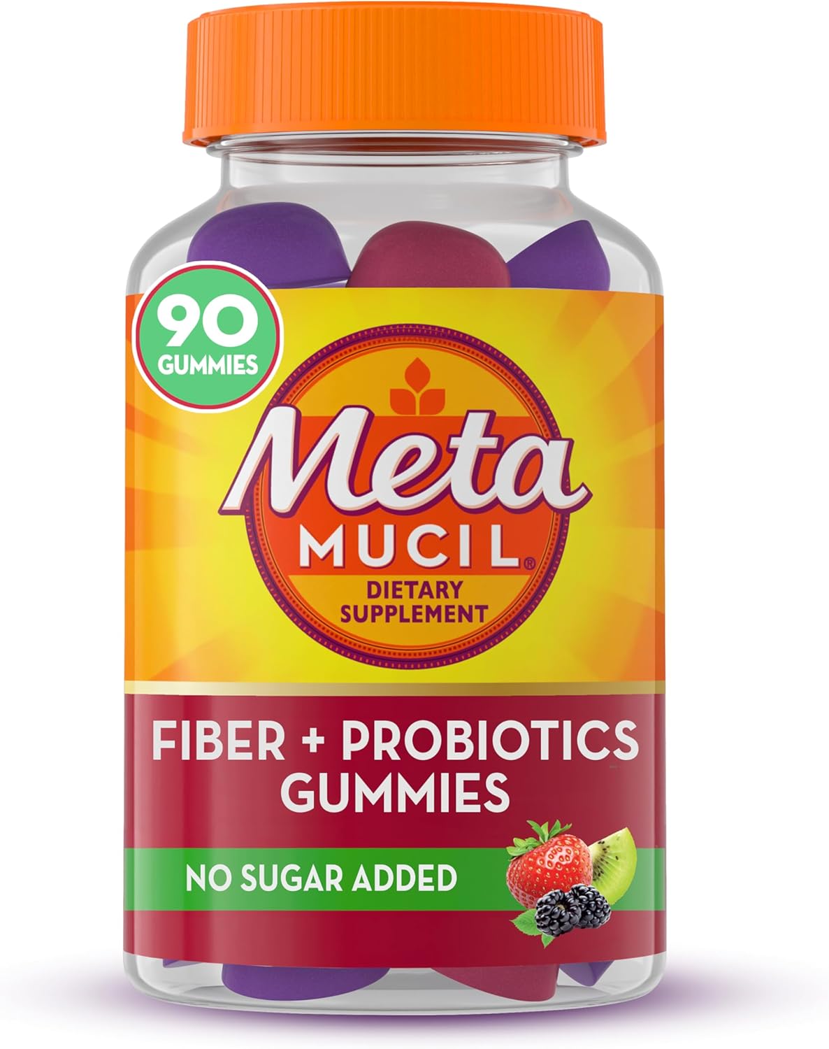 Metamucil Fiber Gummies Plus Probiotics for Digestive Health, No Sugar Added, Daily Supplement, Prebiotic Plant-Based Fiber Blend, Strawberry Kiwi Blackberry Flavored, 90 Gummies
